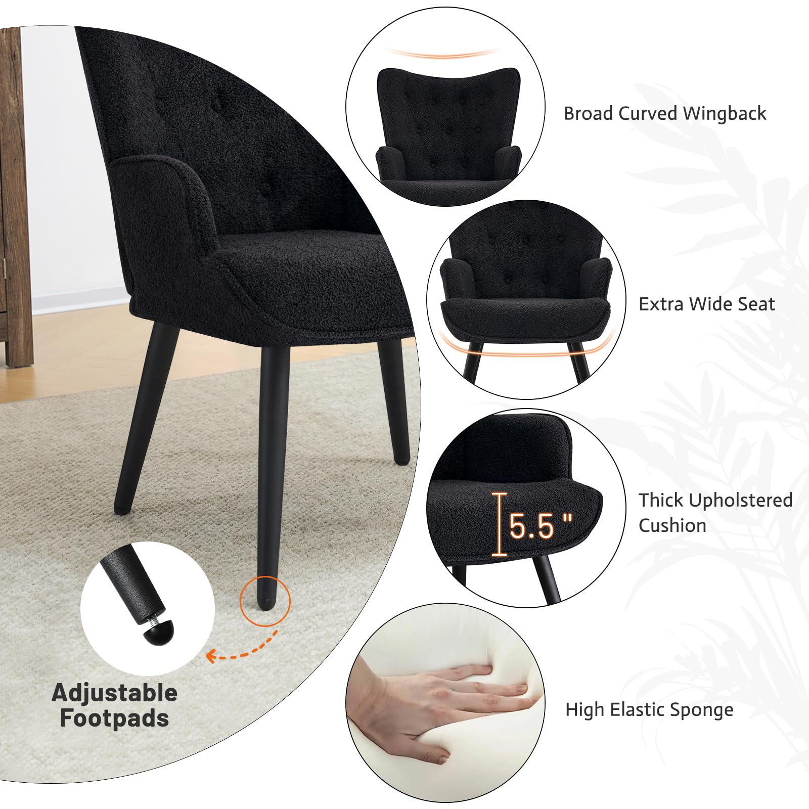 Boucle Accent Chair for Living Room, Upholstered Reading Chair with High Backrest, Tufted-Button Wingback Armchair for Bedroom, Dressing Room, Home Office, Black