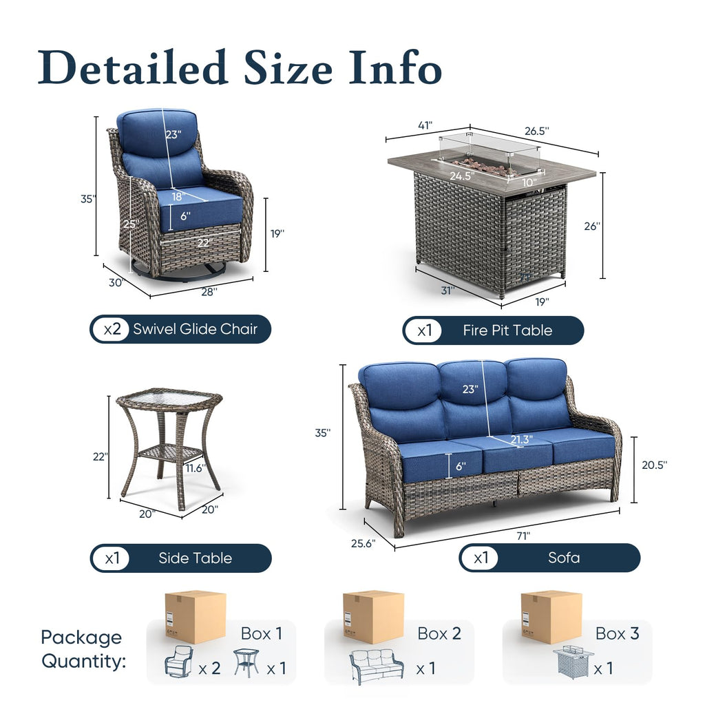 Luxury 6" Thick Cushioned 5 Pieces Patio Furniture Set with Fire Pit Table, Wicker Outdoor Conversation Set with High Back Swivel Rocker Chairs for Deck Porch Yard and Poolside - Grey+Blue