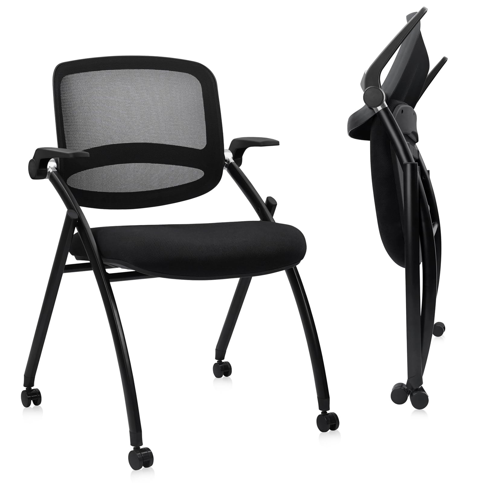 2PACK, Stackable & Foldable Chairs with Flip Up Armrests, Reception Guest Chairs with Wheels, Ergonomic Curved Mesh Back Folding Chair for Office Meeting Schools Conference Waiting Room