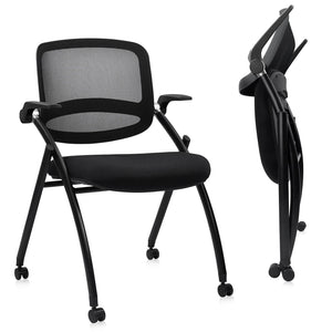 2PACK, Stackable & Foldable Chairs with Flip Up Armrests, Reception Guest Chairs with Wheels, Ergonomic Curved Mesh Back Folding Chair for Office Meeting Schools Conference Waiting Room