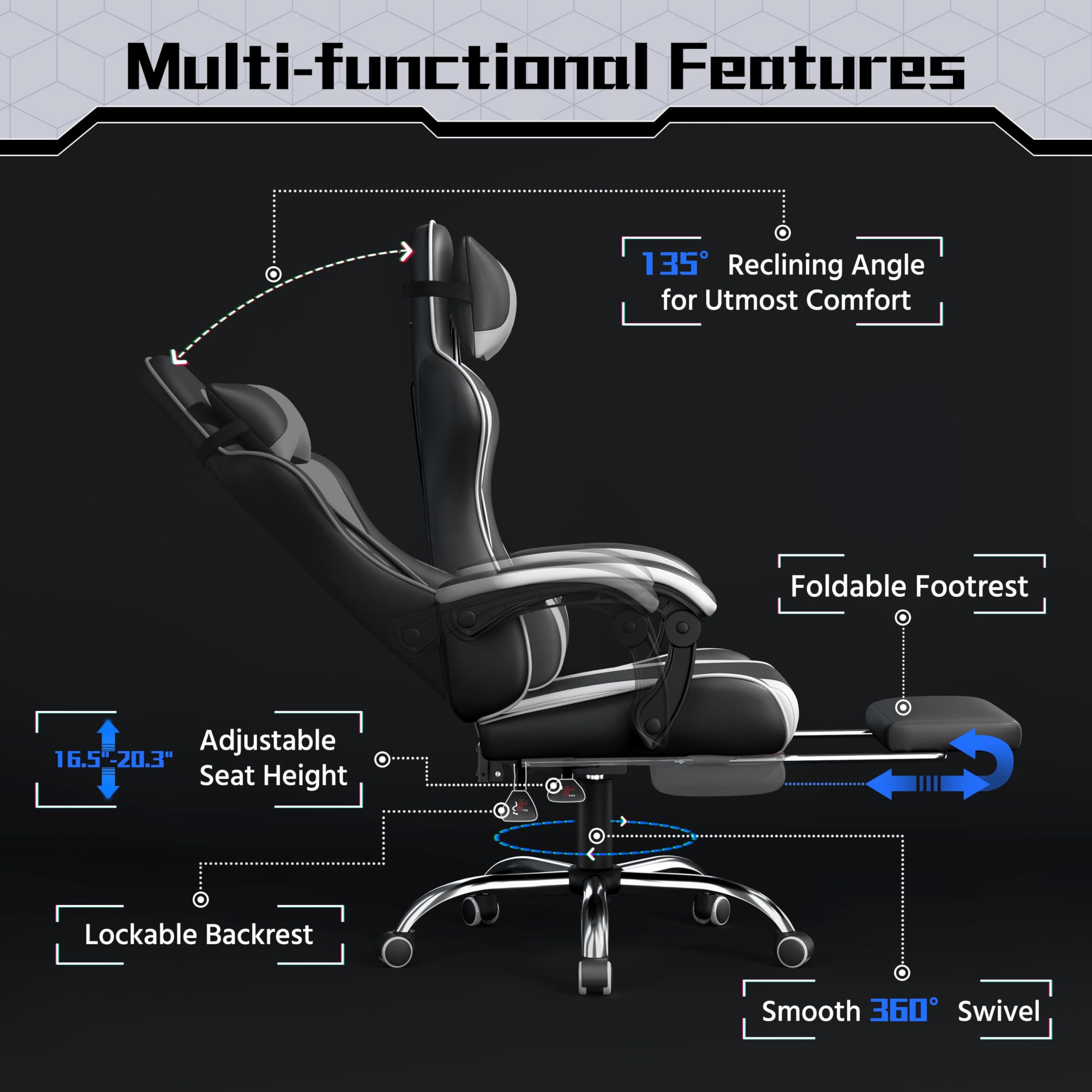 Gaming Chair with Electric Massage Lumbar Support, Footrest & Headrest — Ergonomic High Back Recliner for Home Office, Computer Desk Chair, Height Adjustable, 300 lbs, Black/White