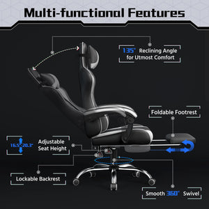 Gaming Chair with Electric Massage Lumbar Support, Footrest & Headrest — Ergonomic High Back Recliner for Home Office, Computer Desk Chair, Height Adjustable, 300 lbs, Black/White