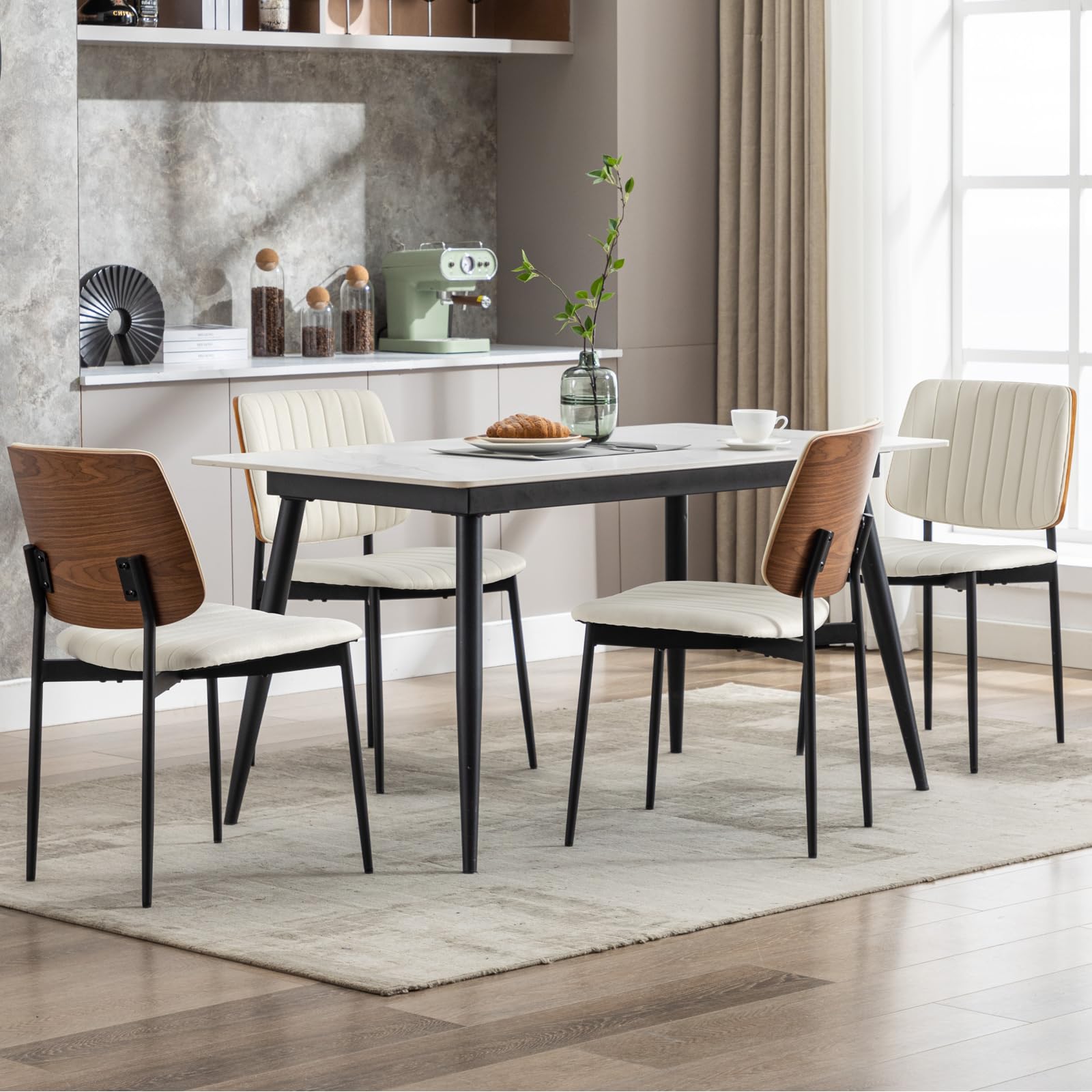 Fabric Dining Chairs Set of 4, Mid Century Modern Dining Chairs with Bentwood Backrest and Upholster Seat,Armless Kitchen Chairs with Metal Legs Adjustable Foot for Dining Room(Grey Bentwood)