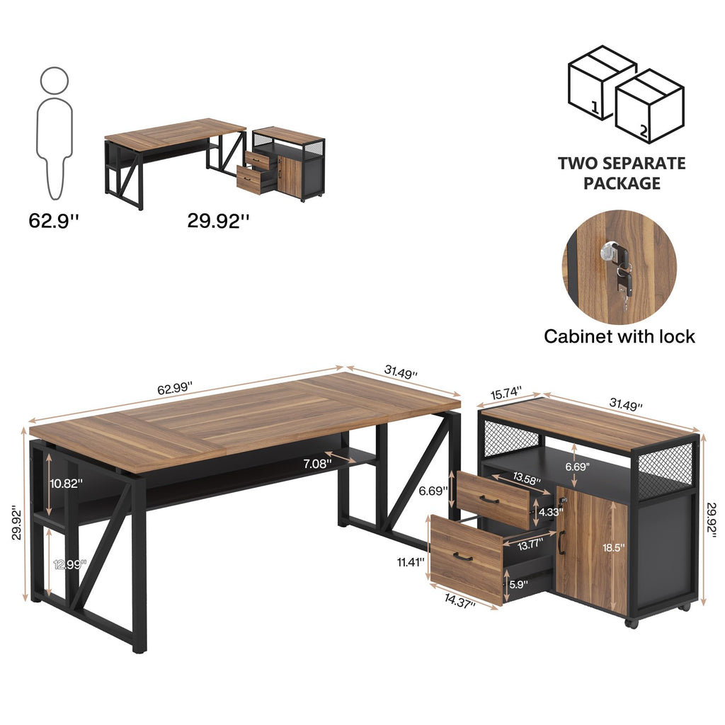 63" L Shaped Desk with Drawer Cabinet, Executive Computer Desk and lateral File Cabinet, 2 Piece Home Office Furniture with Drawers for Hanging File, Doors with Locks (Brown, 63 inches)