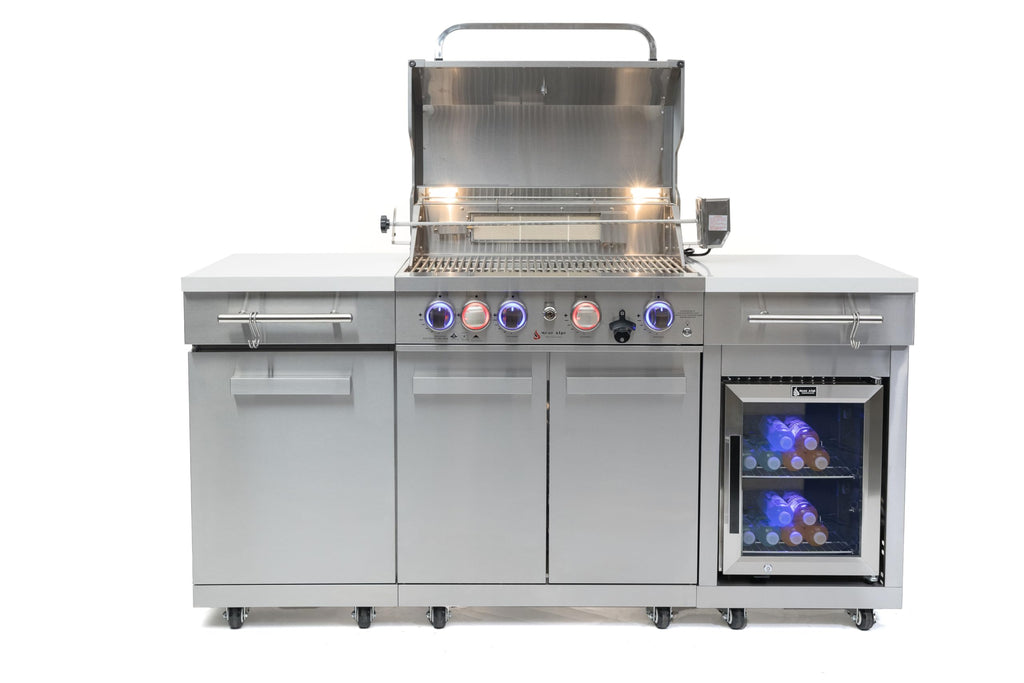 Premium 70"W x 24"D Stainless Steel Compact Outdoor Kitchen Island with Refrigerator + 32"W 4-Burner BBQ Grill with Infrared Rotisserie Burner + Storage Cabinets + White Granite Countertops