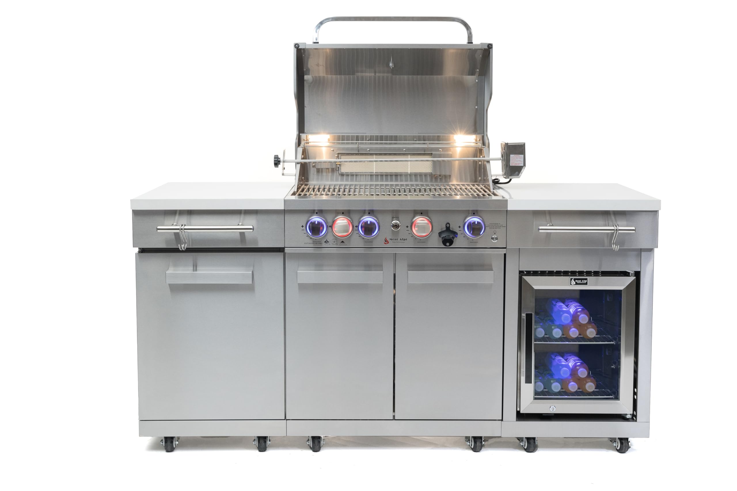 Premium 70"W x 24"D Stainless Steel Compact Outdoor Kitchen Island with Refrigerator + 32"W 4-Burner BBQ Grill with Infrared Rotisserie Burner + Storage Cabinets + White Granite Countertops