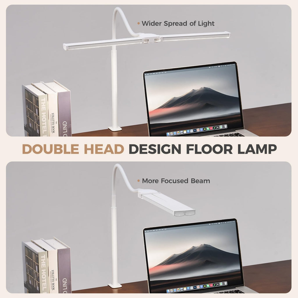 LED Desk Lamp for Home Office, Double Head Architect Light with Clamp, Computer Monitor Clip on Light, 3 Modes and 10 Brightness, Adjustable Flexible Goose-Neck, Table Task Lamp, White