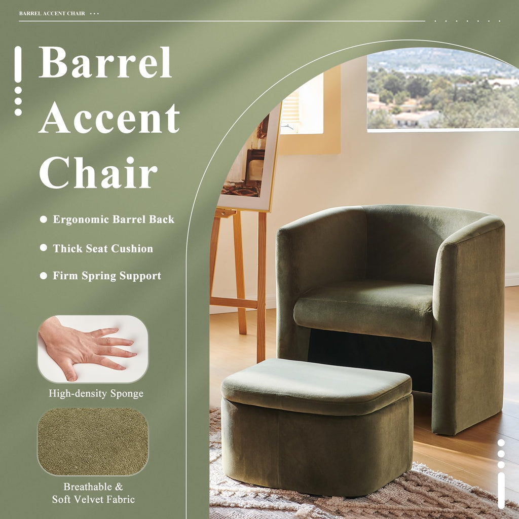 Morden Velvet Living Room Side Chair with Storage Ottoman Set of 2, Single Sofa Armchair with Lounge Seat, Upholstered Barrel Accent Chair for Bedroom/Office/Reading Spaces, Green
