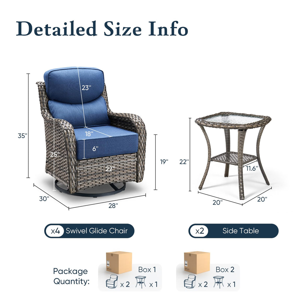 Luxury 6" Thick Cushioned Outdoor Swivel Rocker Patio Chairs Set of 4 with Side Table, High Back Wicker Furniture Set with Ergonomic Zone Back, Conversation Set for Deck Porch - Brown+Grey