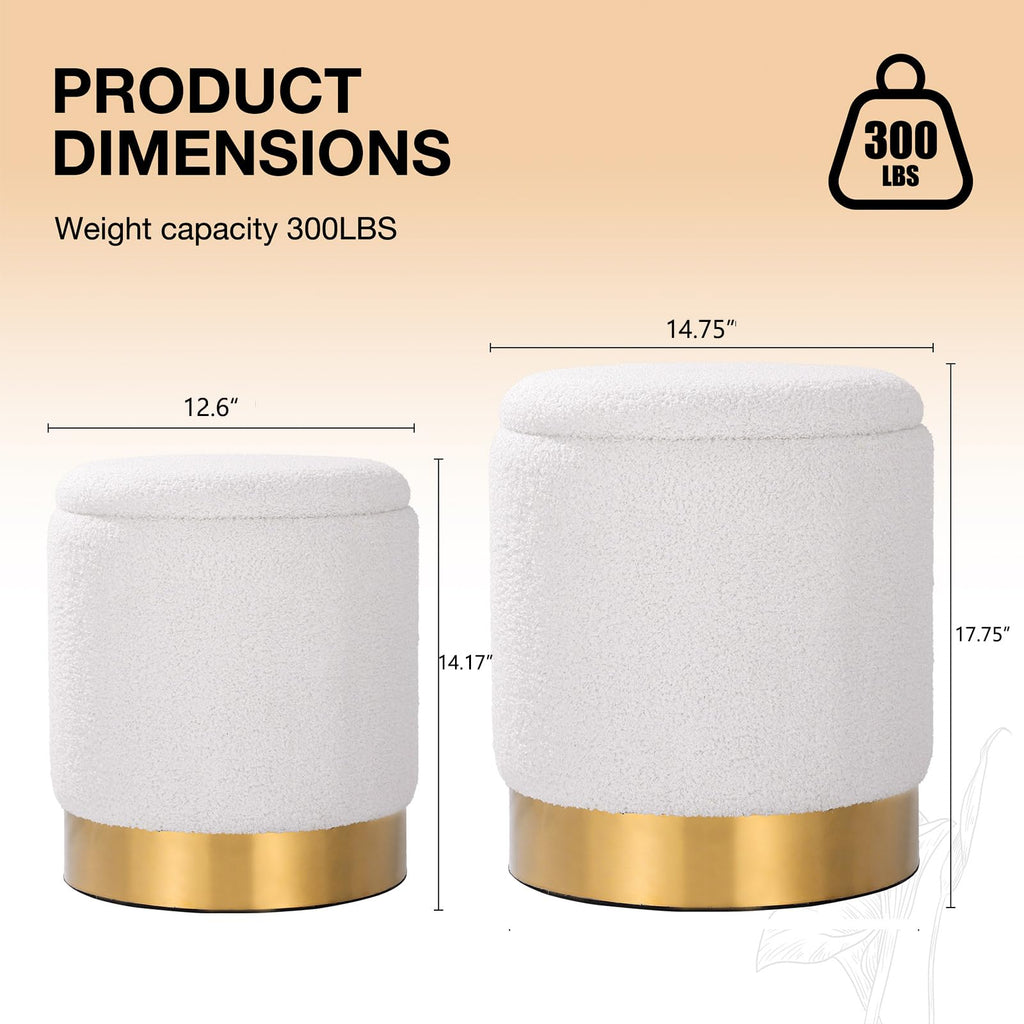 Sherpa Round Ottoman Set of 2 with Storage, 12 Gallon Hidden Storage Ottoman, Multi-Functional Footrest Stool, Vanity Seat, Coffee Table, No Assembly Required, Holds 300lbs (Teddy White)
