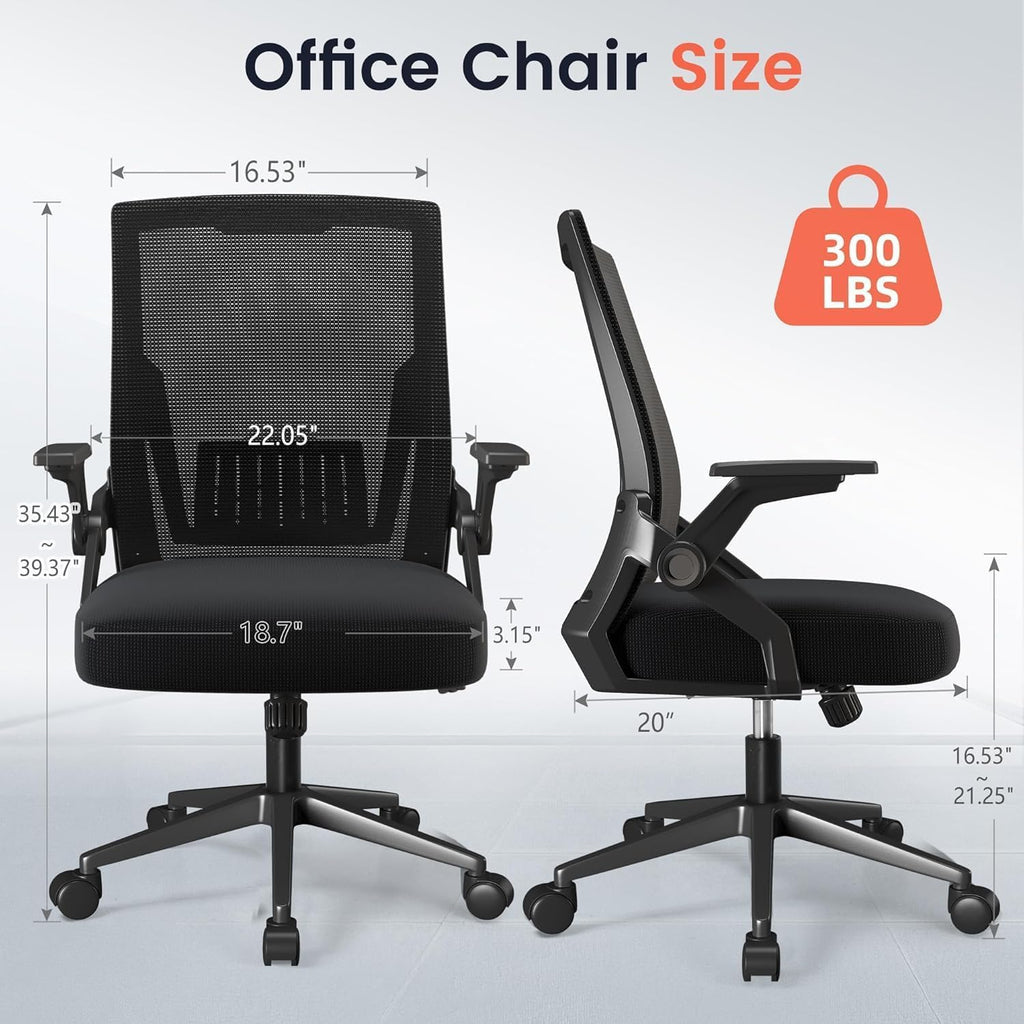 Pack of 2, Black, Ergonomic Office Chair with Flip-up Armrests Executive Computer Chair for Home Office, Breathable Mesh & Comfy Lumbar Support,