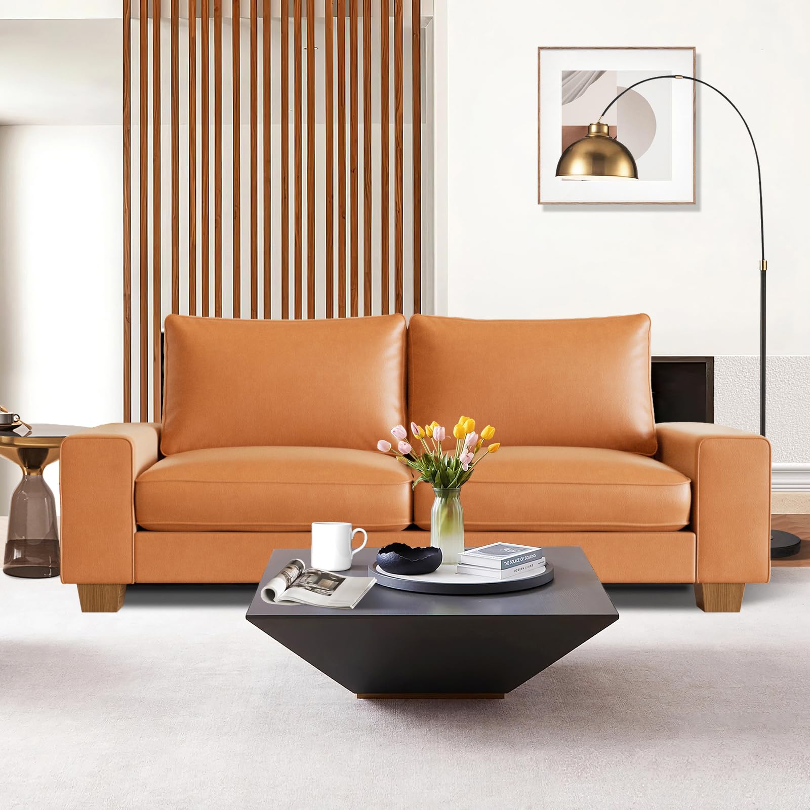 Faux Leather Couch, Mid Century Modern Comfy Loveseat Sofa with Wide Arm, Side Pockets, Solid Wooden Frame for Office, Living Room and Bedroom, 3 Seater (Brown, 88.58 inches)