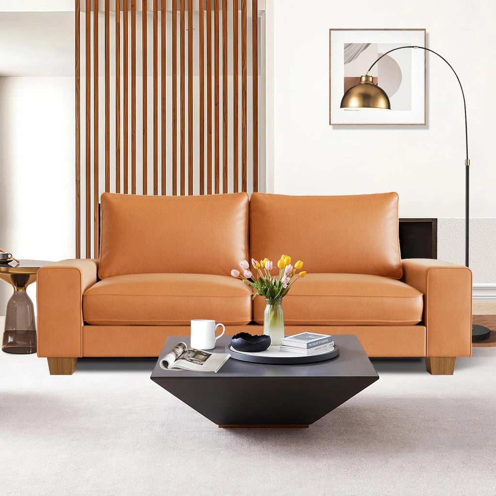Faux Leather Couch, Mid Century Modern Comfy Loveseat Sofa with Wide Arm, Side Pockets, Solid Wooden Frame for Office, Living Room and Bedroom, 3 Seater (Brown, 88.58 inches)