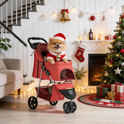 3 Wheels Pet Stroller, Foldable Puppy Cage Jogger Stroller with Weather Cover for All-Season, Storage Basket and Cup Holder, Breathable and Visible Mesh for Small/Medium Pets, Red