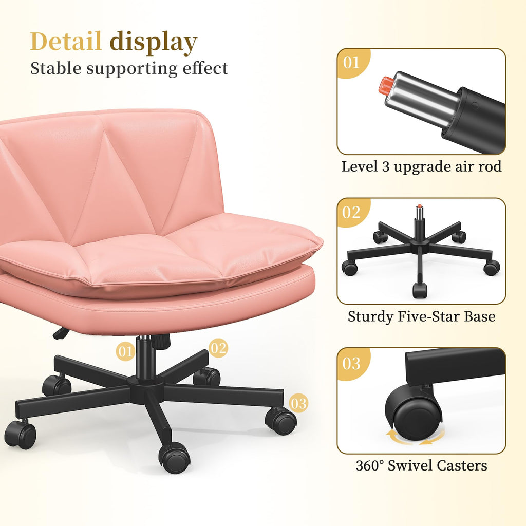 Criss Cross Chair with Wheels,Cross Legged Office Chair with 2 Layer Cushion,Wide Seat,Leather,Amless, for Home,Office,Make Up,Vanity,Bed Room,Pink