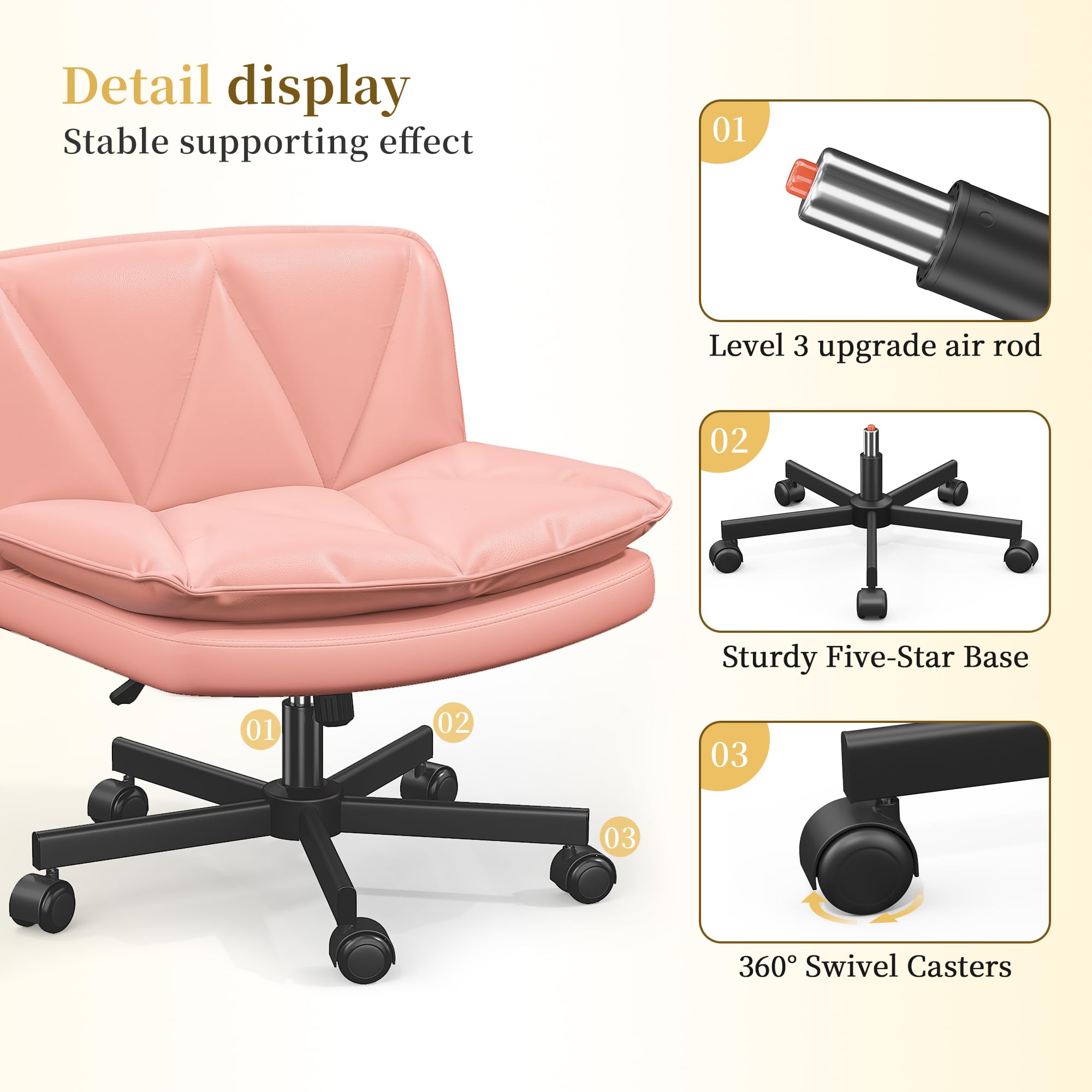 Criss Cross Chair with Wheels,Cross Legged Office Chair with 2 Layer Cushion,Wide Seat,Leather,Amless, for Home,Office,Make Up,Vanity,Bed Room,Pink