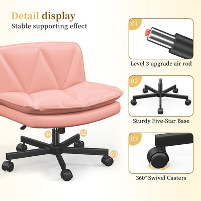 Criss Cross Chair with Wheels,Cross Legged Office Chair with 2 Layer Cushion,Wide Seat,Leather,Amless, for Home,Office,Make Up,Vanity,Bed Room,Pink