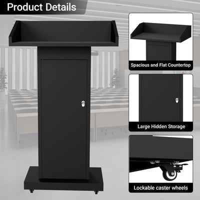 Podium Stand with 4 Lockable Wheels, Heavy-Duty Metal Lecterns & Podiums with Hidden Storage, 46.5”H Portable Pulpit for Church, School, Office and Conference, Black