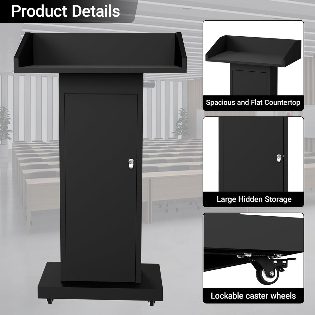 Podium Stand with Wheels for Lectern Presentation, Heavy-Duty Metal Pulpits for Offices, Classrooms, Conferences and Churches, Scratch-Resistant Surface, Hidden 2-Tier Storage, 46.5”H Black