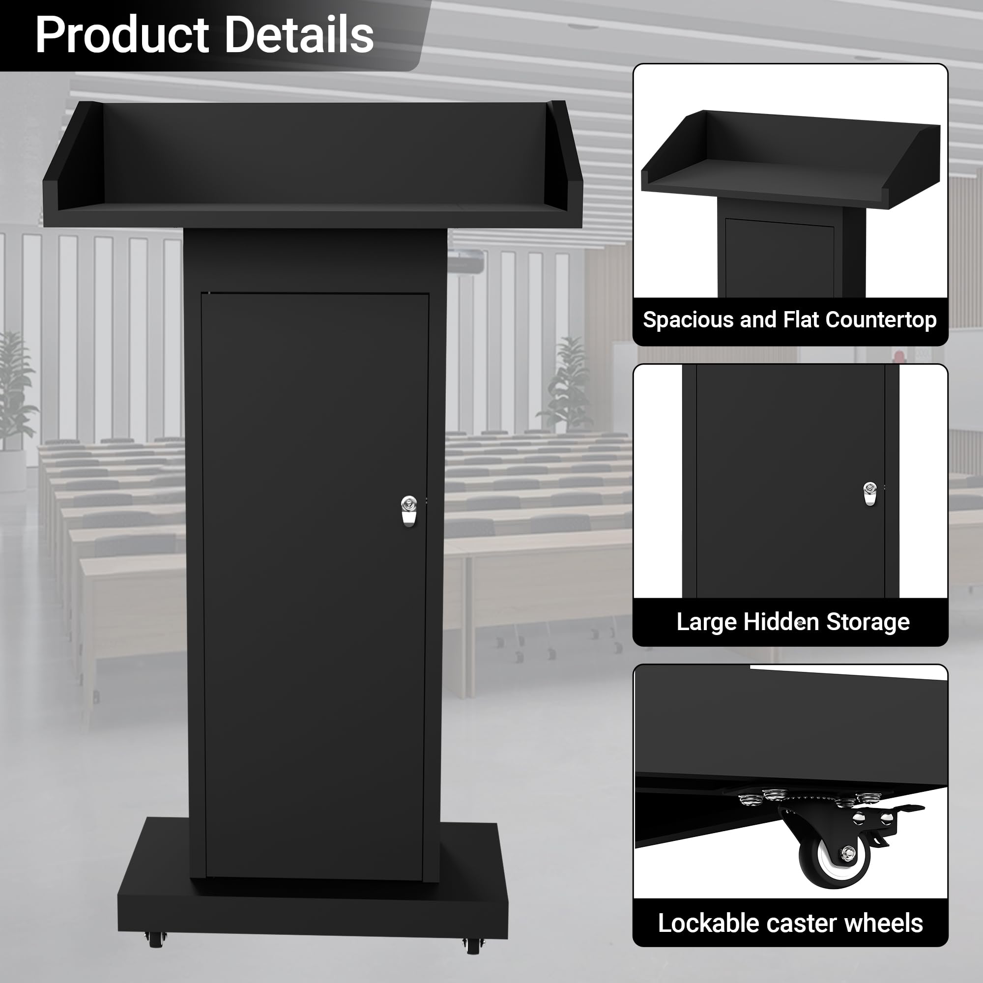 Podium Stand with Wheels for Lectern Presentation, Heavy-Duty Metal Pulpits for Offices, Classrooms, Conferences and Churches, Scratch-Resistant Surface, Hidden 2-Tier Storage, 46.5”H Black