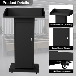 Podium Stand with Wheels for Lectern Presentation, Heavy-Duty Metal Pulpits for Offices, Classrooms, Conferences and Churches, Scratch-Resistant Surface, Hidden 2-Tier Storage, 46.5”H Black