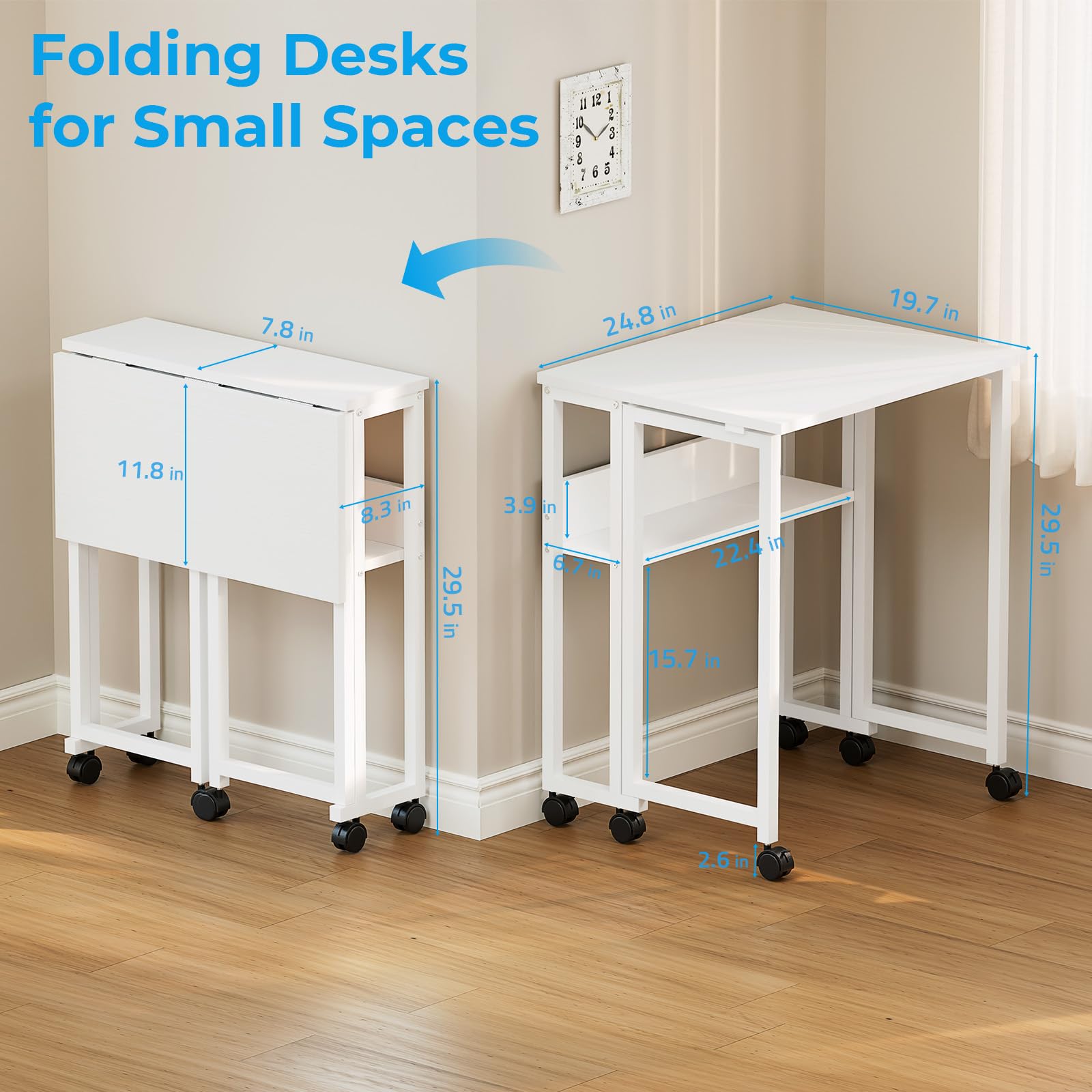 Folding Desk with Wheels, 24.8 Inch Compact Rolling Computer Table with Storage Shelf, Portable Mobile Workstation for Small Spaces, Easy Assembly, Pure White