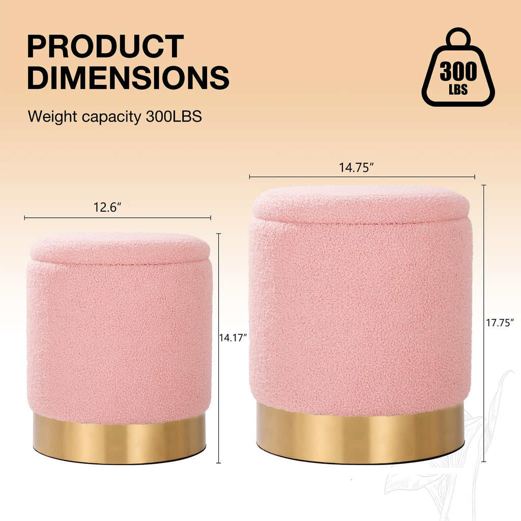 Sherpa Round Ottoman Set of 2 with Storage, 12 Gallon Hidden Storage Ottoman, Multi-Functional Footrest Stool, Vanity Seat, Coffee Table, No Assembly Required, Holds 300lbs (Teddy Pink)