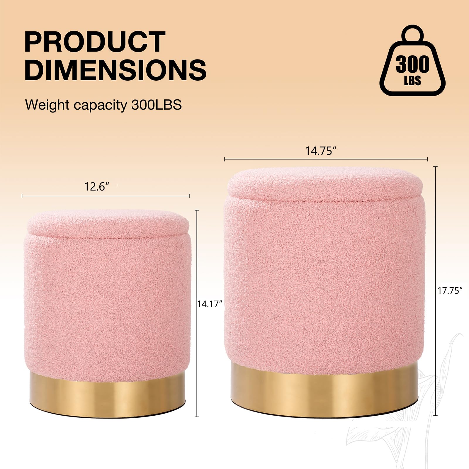 Sherpa Round Ottoman Set of 2 with Storage, 12 Gallon Hidden Storage Ottoman, Multi-Functional Footrest Stool, Vanity Seat, Coffee Table, No Assembly Required, Holds 300lbs (Teddy Pink)