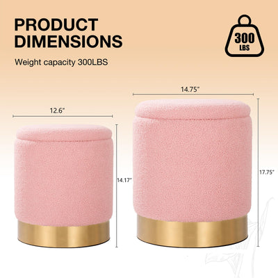 Sherpa Round Ottoman Set of 2 with Storage, 12 Gallon Hidden Storage Ottoman, Multi-Functional Footrest Stool, Vanity Seat, Coffee Table, No Assembly Required, Holds 300lbs (Teddy Pink)