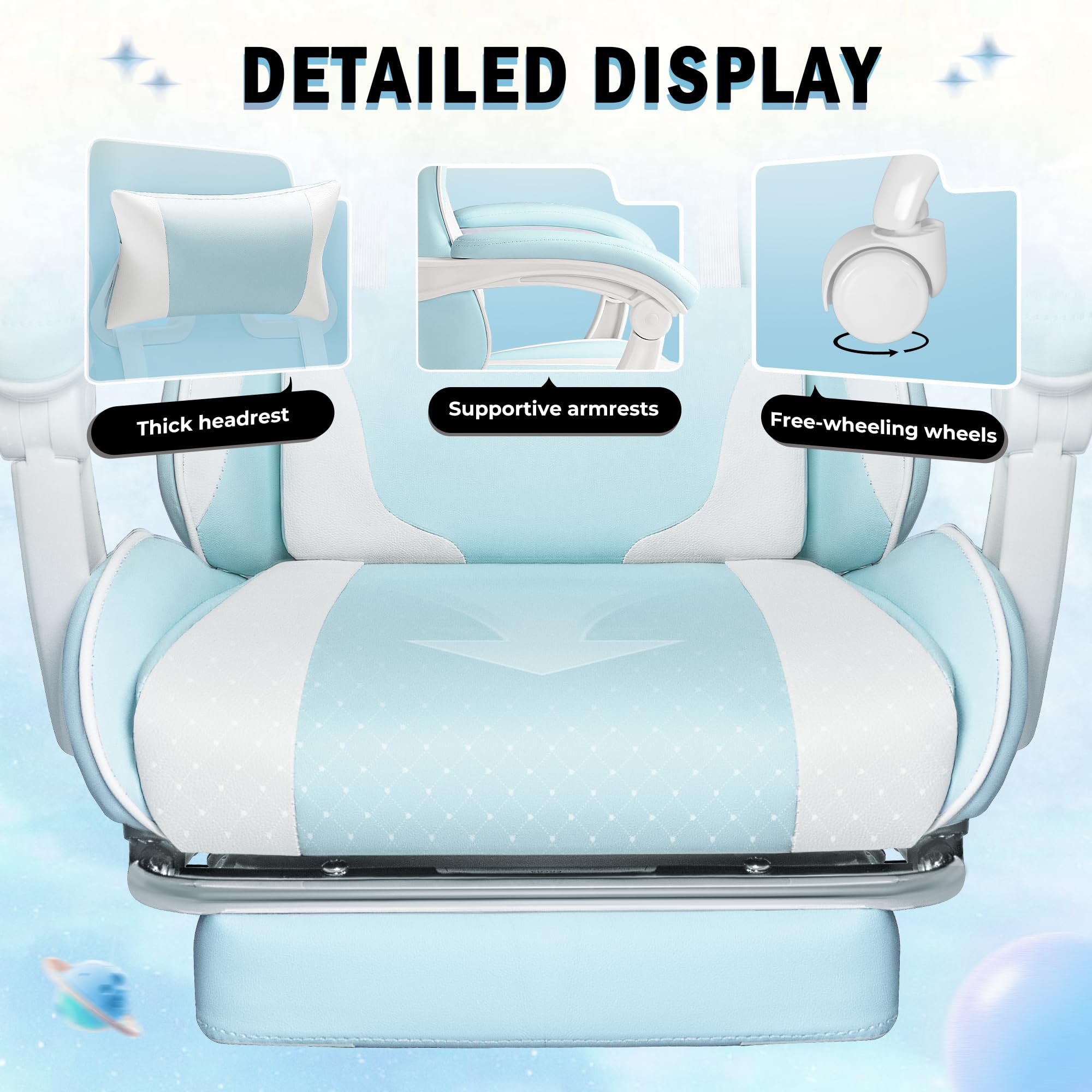 Gaming Chair, Video Game Chair with Footrest and Massage Lumbar Support, Ergonomic Computer Chair Height Adjustable with Swivel Seat and Headrest (Light Blue)