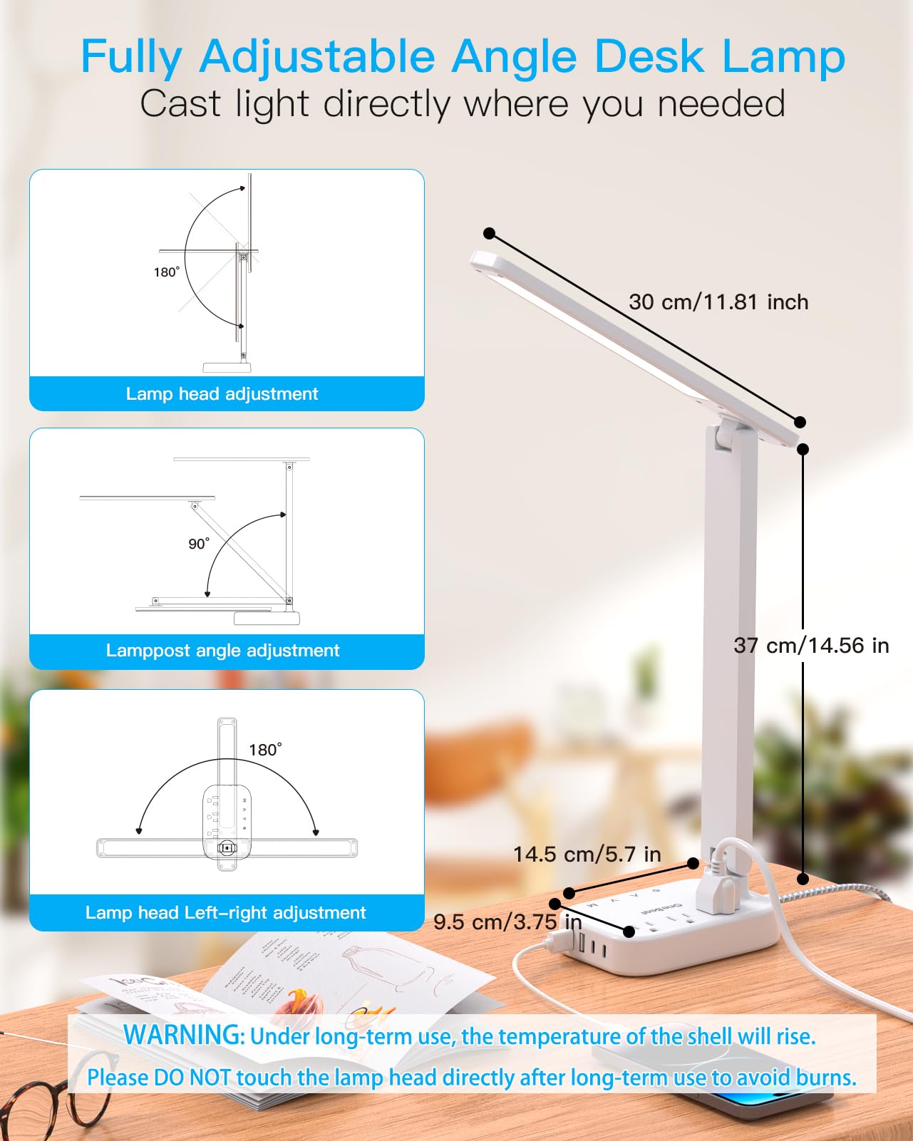 LED Small Desk Lamp Power Strip 5ft Extension Cord, 3 Outlets, 4 USB Ports(2 USB C), 4 Modes, 5 Level Touch- Home, Office, Bedroom, Bedside, Study Reading Light, Dorm Room Essentials, White