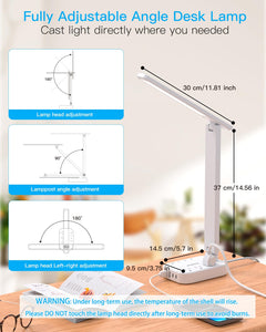 LED Small Desk Lamp Power Strip 5ft Extension Cord, 3 Outlets, 4 USB Ports(2 USB C), 4 Modes, 5 Level Touch- Home, Office, Bedroom, Bedside, Study Reading Light, Dorm Room Essentials, White