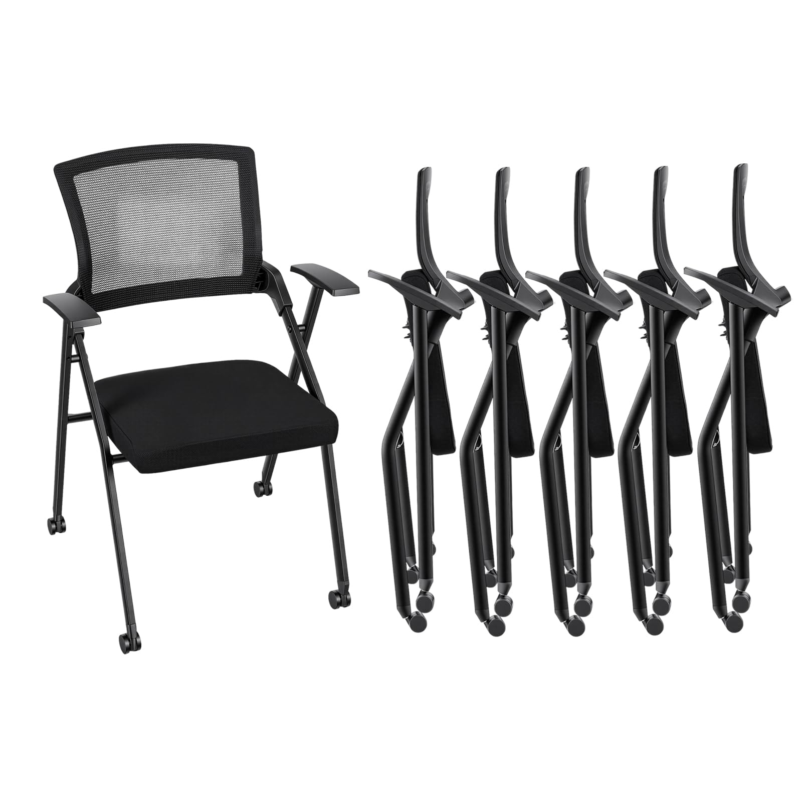 6PCS Ergonomic Foldable Office Chair with Breathable Mesh Back, Stackable Conference Chair - PU Wheels & Armrest for Guest, Meeting, Reception, Black