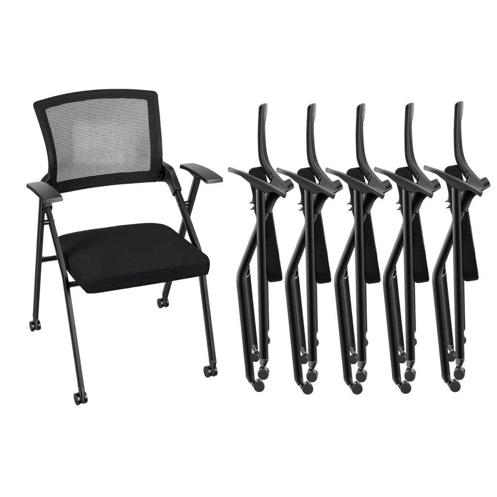 6PCS Ergonomic Foldable Office Chair with Breathable Mesh Back, Stackable Conference Chair - PU Wheels & Armrest for Guest, Meeting, Reception, Black