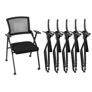 6PCS Ergonomic Foldable Office Chair with Breathable Mesh Back, Stackable Conference Chair - PU Wheels & Armrest for Guest, Meeting, Reception, Black