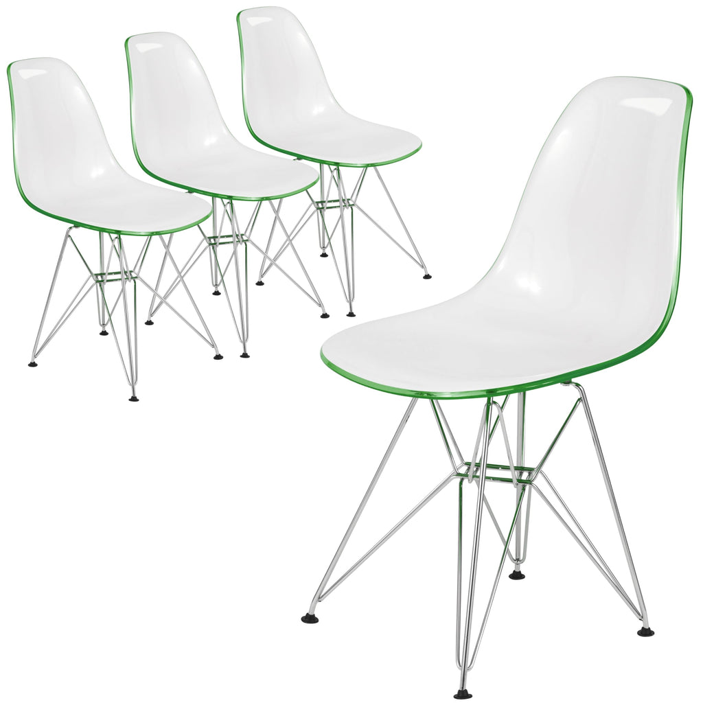 Dining, Modern Chrome Eiffel Base and Curved Back Design, Ergonomic and Lightweight Accent Side Chair for Mid-Century Home, Kitchen, and Café (White Green, Set of 4)