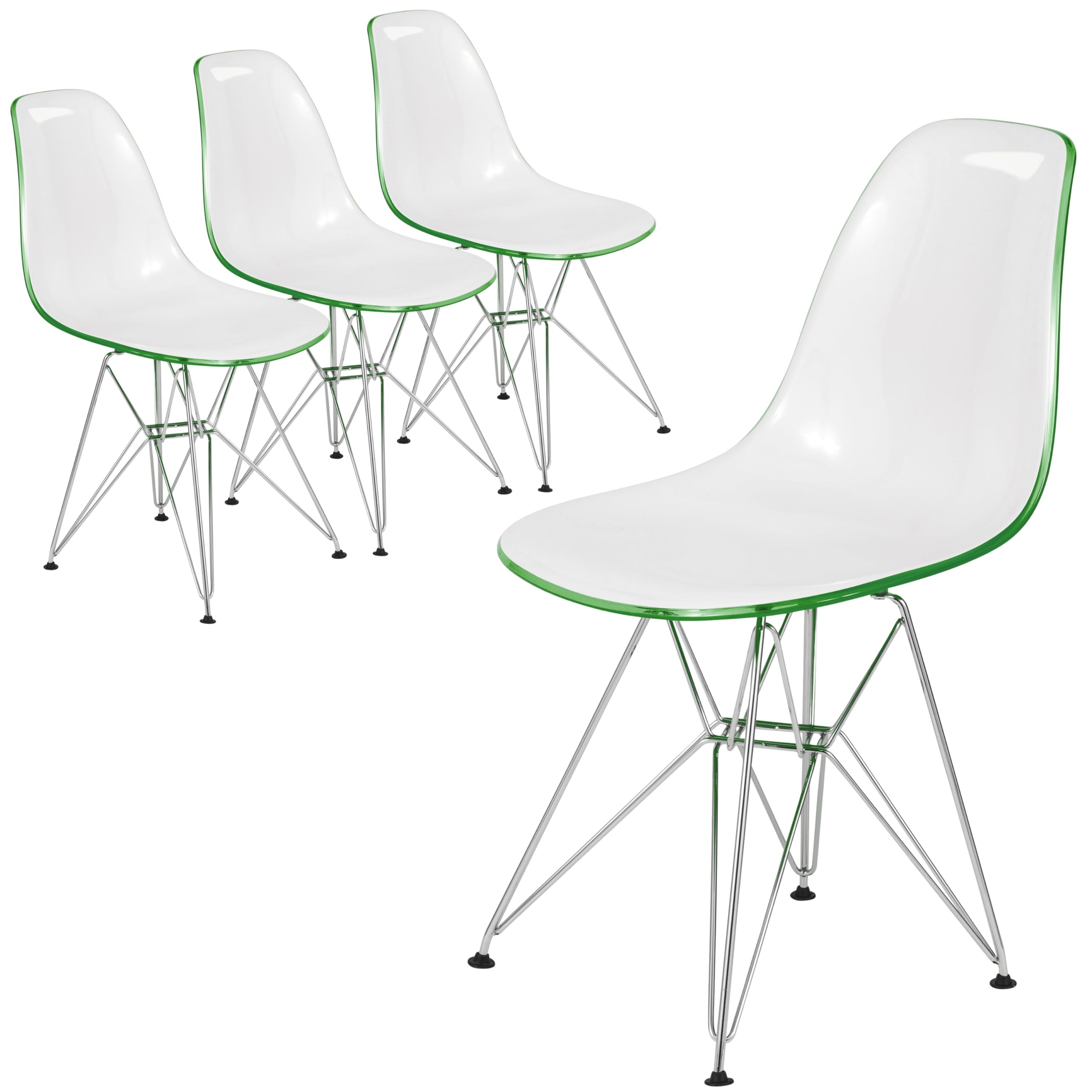 Dining, Modern Chrome Eiffel Base and Curved Back Design, Ergonomic and Lightweight Accent Side Chair for Mid-Century Home, Kitchen, and Café (White Green, Set of 4)