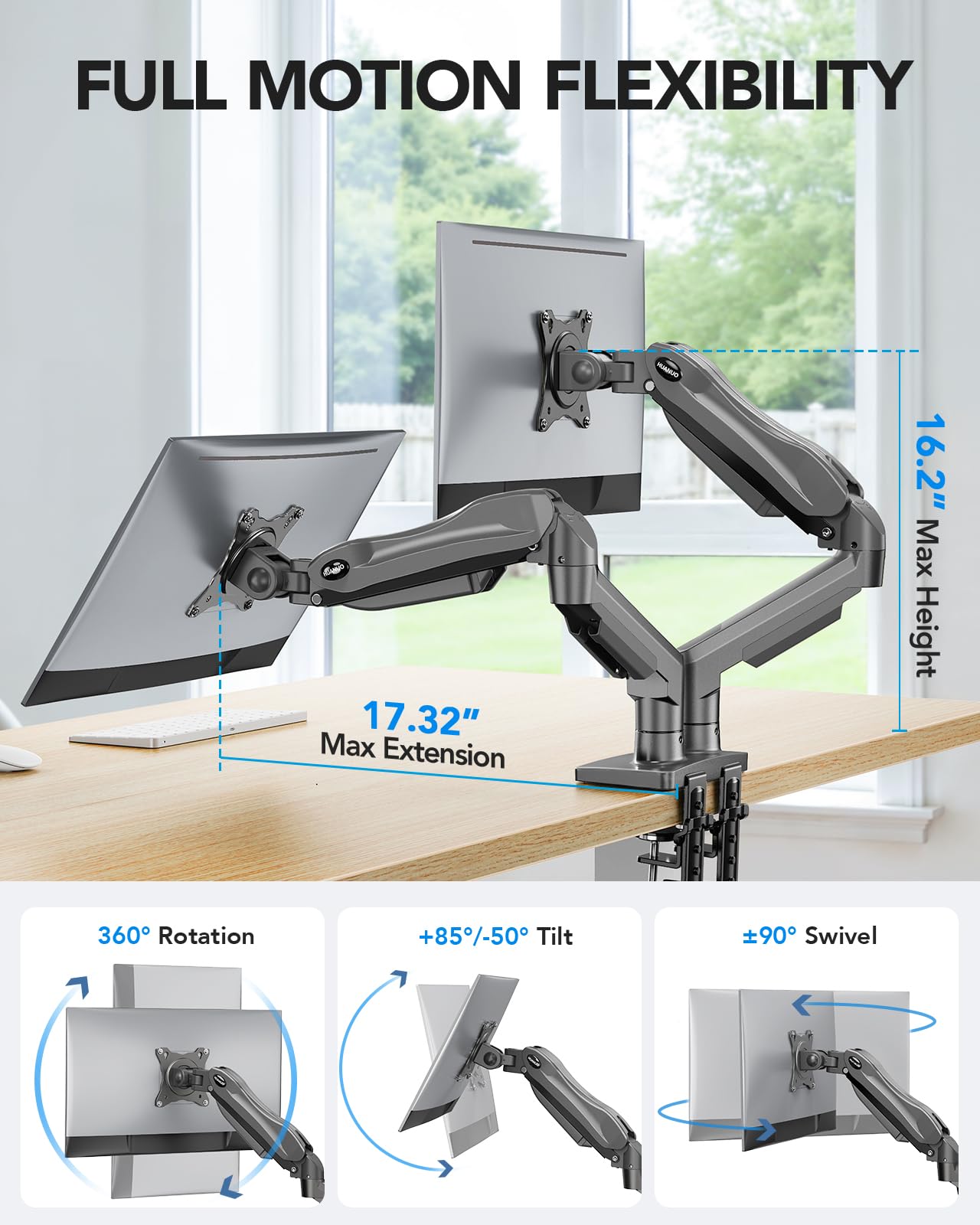Dual Monitor Stand, Fully Adjustable Monitor Desk Mount for 13–32″ Computer Screens, Full Motion VESA 75x75/100x100 with C-Clamp & Grommet Base, Each Arm Holds 4.4 to 19.8 lbs -Grey