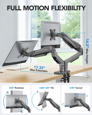 Dual Monitor Stand, Fully Adjustable Monitor Desk Mount for 13–32″ Computer Screens, Full Motion VESA 75x75/100x100 with C-Clamp & Grommet Base, Each Arm Holds 4.4 to 19.8 lbs -Grey