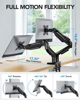 Dual Monitor Stand, Fully Adjustable Gaming Monitor Desk Mount for 13–27″ Computer Screens, Full Motion VESA 75x75/100x100 with C-Clamp & Grommet Base, Each Arm Holds 4.4 to 19.8 lbs