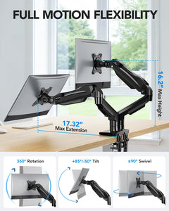 FlowLift™ Dual Monitor Stand, Fully Adjustable Gaming Monitor Desk Mount for 13–30″ Computer Screens, Full Motion VESA 75x75/100x100 with C-Clamp & Grommet Base, Each Arm Holds 4.4 to 19.8 lbs