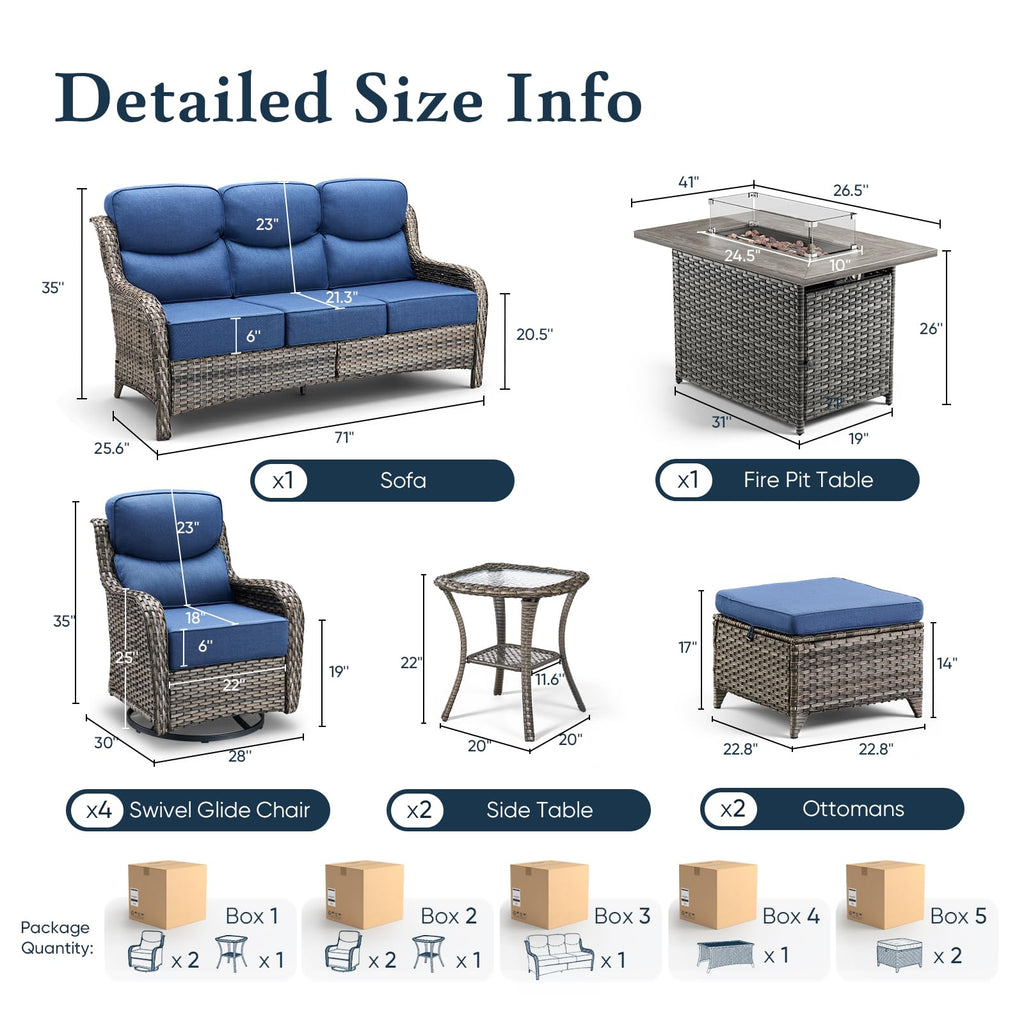 Luxury 6" Thick Cushioned 10 Pieces Patio Furniture Set with Fire Pit Table, Wicker Outdoor Conversation Set with High Back Swivel Rocker Chairs for Deck Porch Yard and Poolside - Grey+Blue