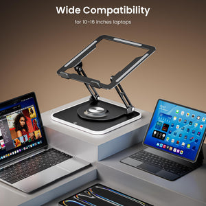 RGB Laptop Stand for Desk, Adjustable Ergonomic Laptop Riser with 360° Rotating Base, Foldable & Portable Computer Stand, Suitable for All 10-16” Laptops