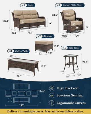 Luxury Patio Furniture Set with 6-inch Thick Cushion, Outdoor Couch and High Back Swivel Rocker Patio Chairs, 8PCS Wicker Conversation Set for Deck Yard and Poolside, Beige (V2)