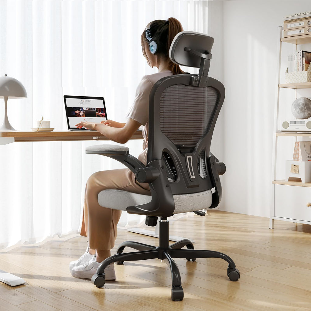 Office Chair Ergonomic Desk Chair, 330LBS Capacity, High Back Computer Design for Long Hours Comfort, Rolling Swivel Executive Task for Home Office with Flip-up Armrests, Black Grey