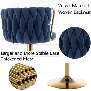 Gold Velvet Bar Stools Set of 4, Swivel Counter Height Bar Stools with Back, Adjustable Woven Barstools for Kitchen Island, Pub, Club (Blue)