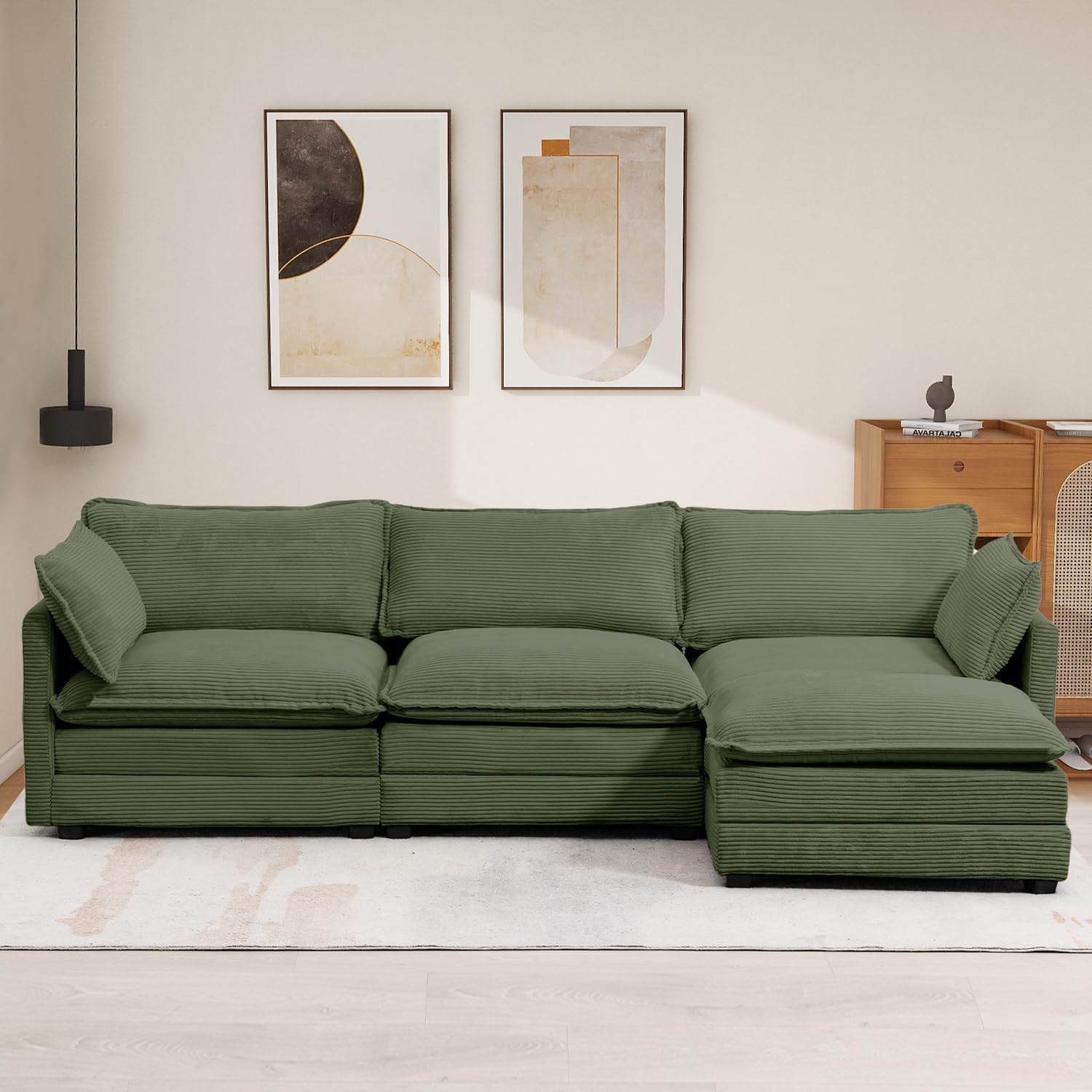 112'' Sectional Modular Cloud Couch, Oversized L Shaped 3 Seat Sofa with Movable Ottomans, 2 Throw Pillows, Upholstered Corduroy L Shape Comfy Deep Couches for Living Room and Office, Green