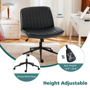 Criss Cross Chair with Wheels Wide Cross Legged Office Desk Vanity Chair Comfy Fabric Armless Adjustable Swivel for Home Computer Task PU Black