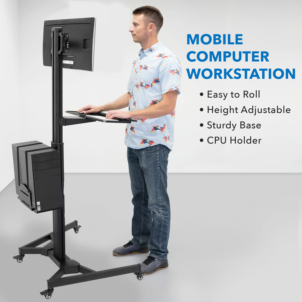 Computer Cart Mobile Desk Workstation with Monitor Mount for Screen up to 32", Rolling Computer Desk PC Cart, Keyboard & Mouse Tray, Rolling Stand with Adjustable CPU Holder, 63.5" Tall
