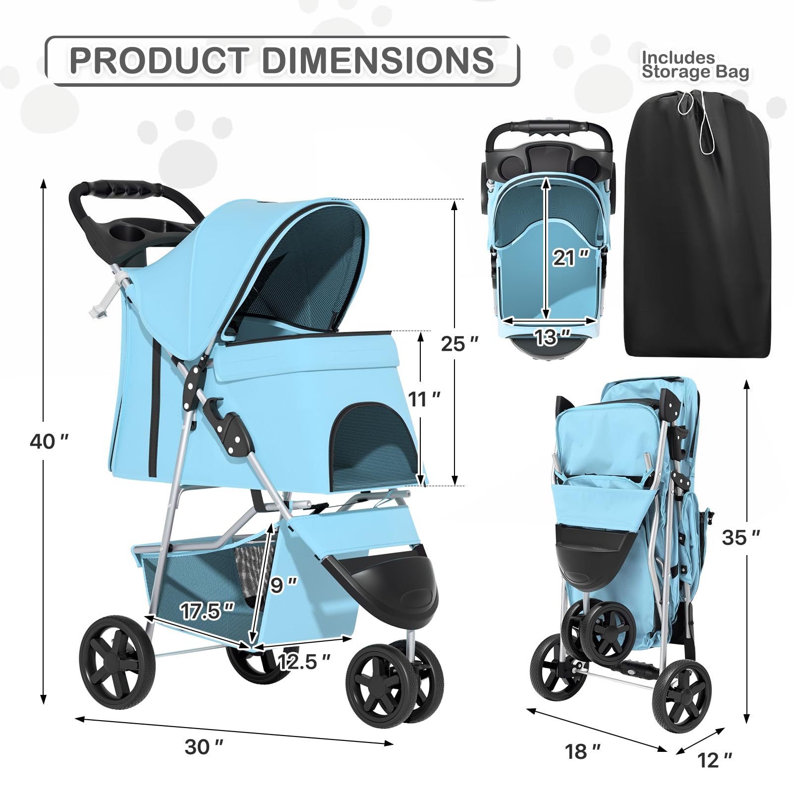 3 Wheels Pet Dog Cat Stroller for Small Medium Dogs Cats, Lightweight Foldable Jogger Stroller w/Storage Basket and Cup Holder, Mint Green